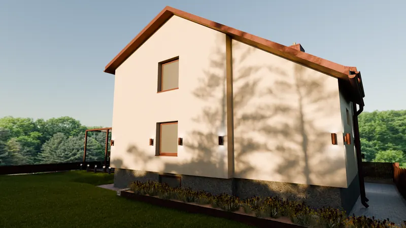 Hausgiebel mit Baumschatten bei Sonnenuntergang - 3D-Außenvisualisierung