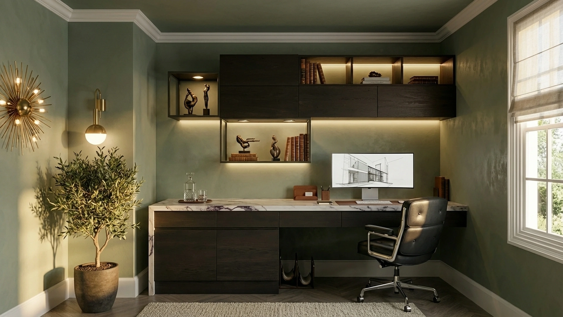 Luxury executive home office study sage green interior