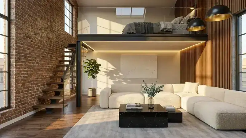 Industrinio stiliaus lofto svetainė - 3D renderis
