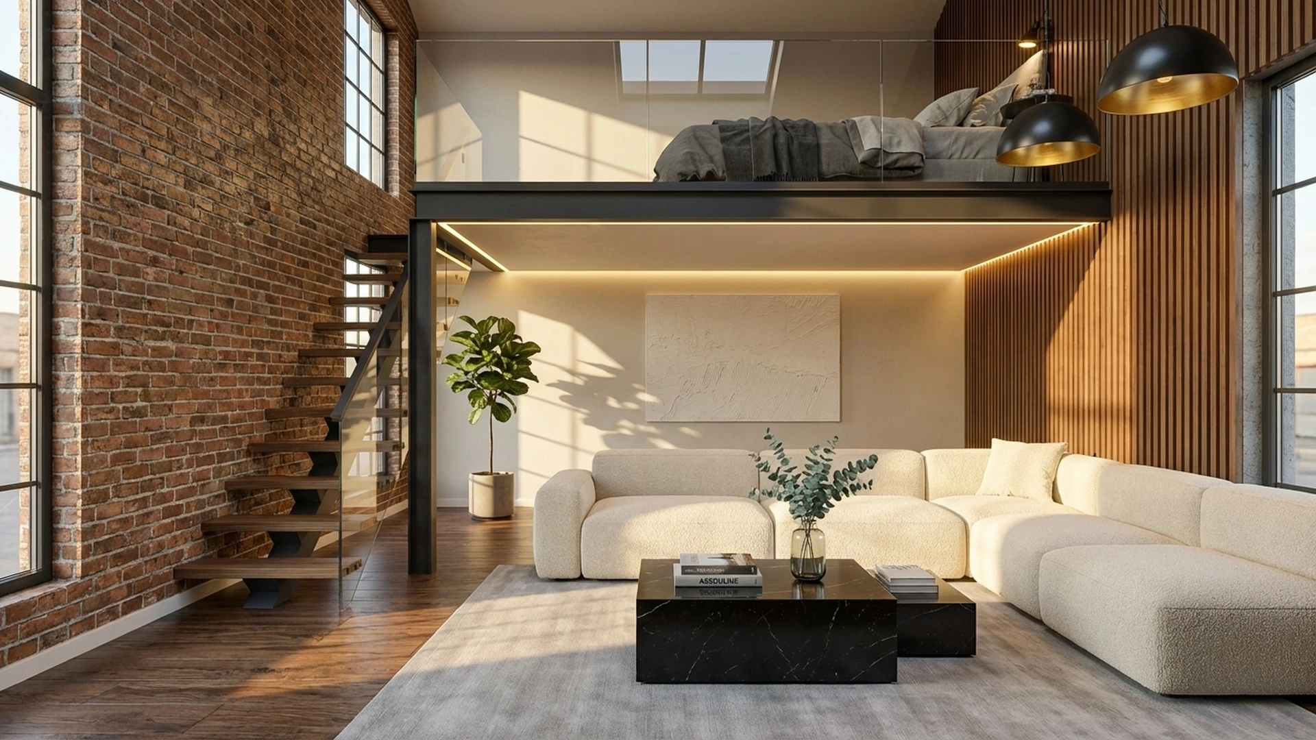 Luxury industrial loft living room interior design