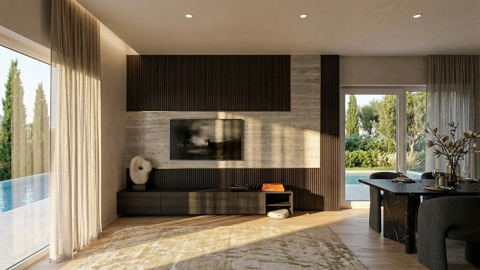 Luxury living room design with custom wood slat tv wall