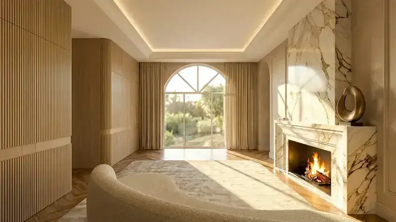 Moderni svetainė su židiniu - 3D vizualizacija