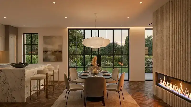 Valgomojo ir virtuvės erdvė su židiniu