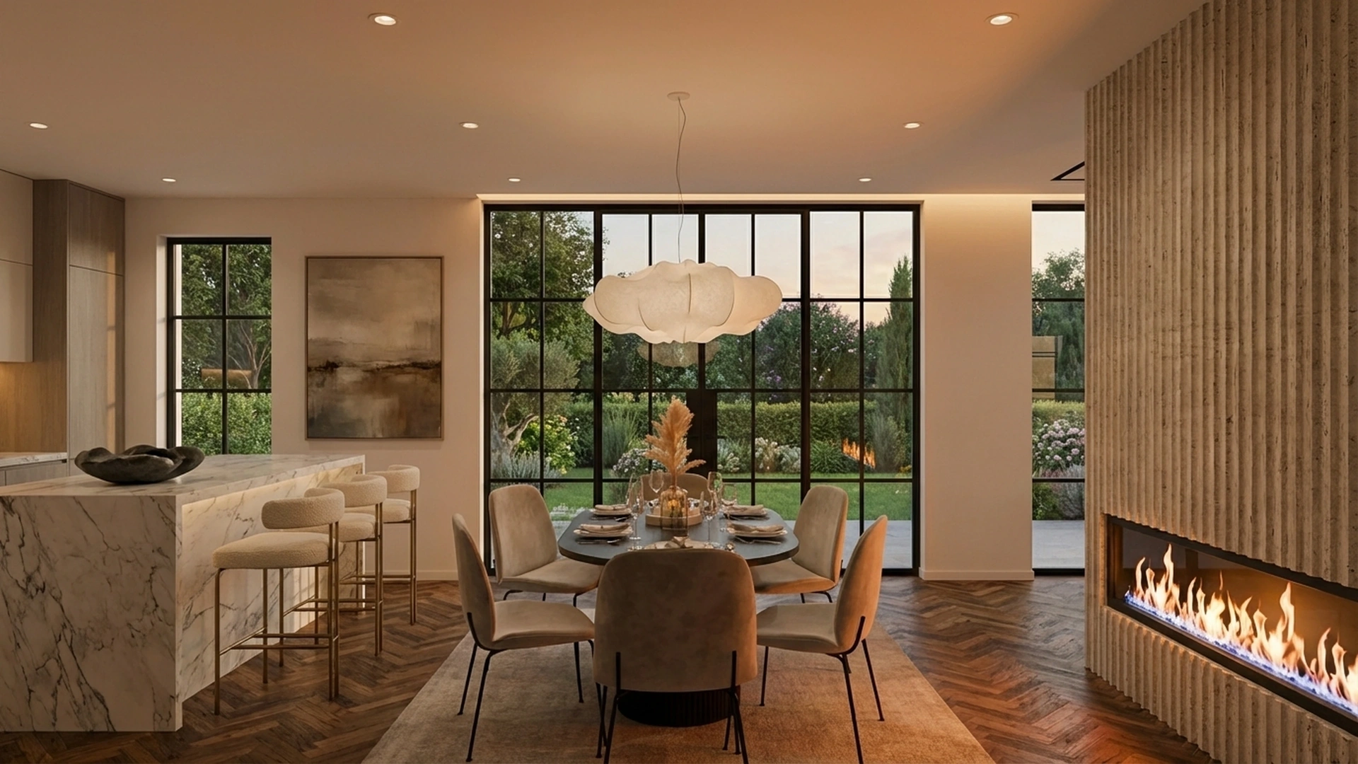 Luxury modern dining room kitchen fireplace interior