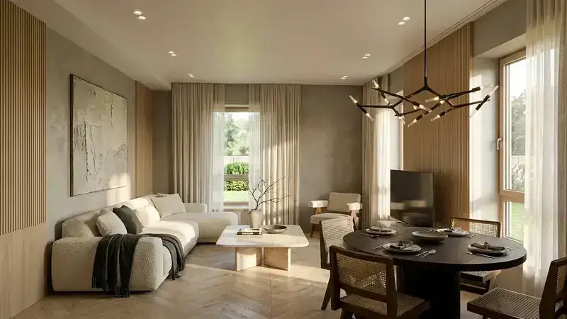 Modernios svetainės ir valgomojo interjero vizualizacija