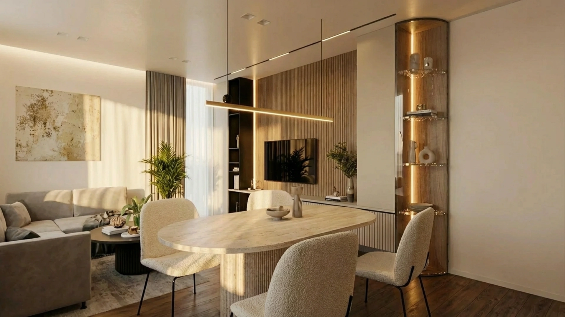 Luxury modern living room dining interior design render