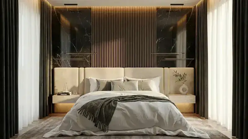 Miegamojo sienų apdaila - riešutmedžio detalės