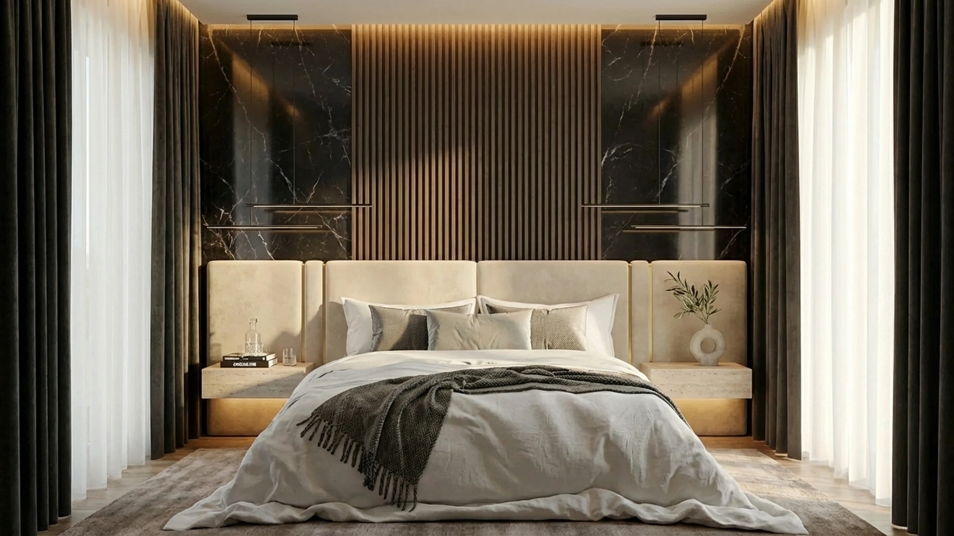Luxury modern master bedroom walnut wall interior design