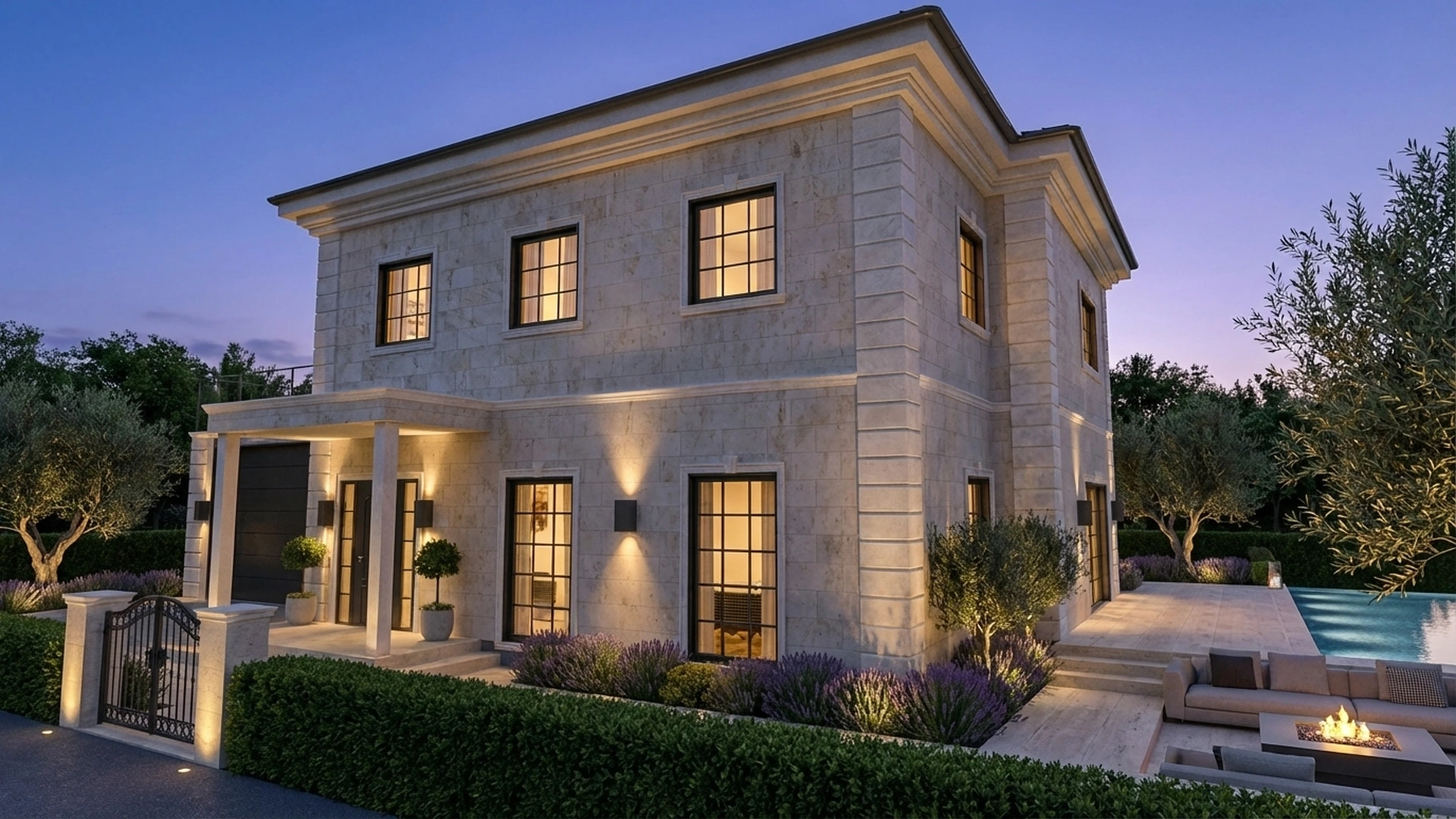 Luxury neoclassical stone villa exterior sunset lighting
