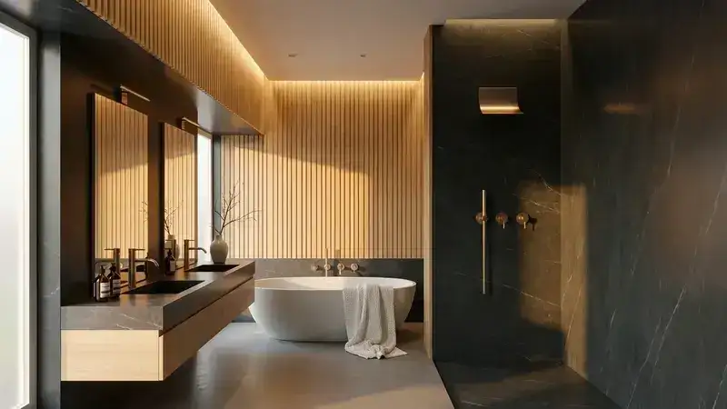 Vonios SPA erdvė - juodas marmuras ir ąžuolas