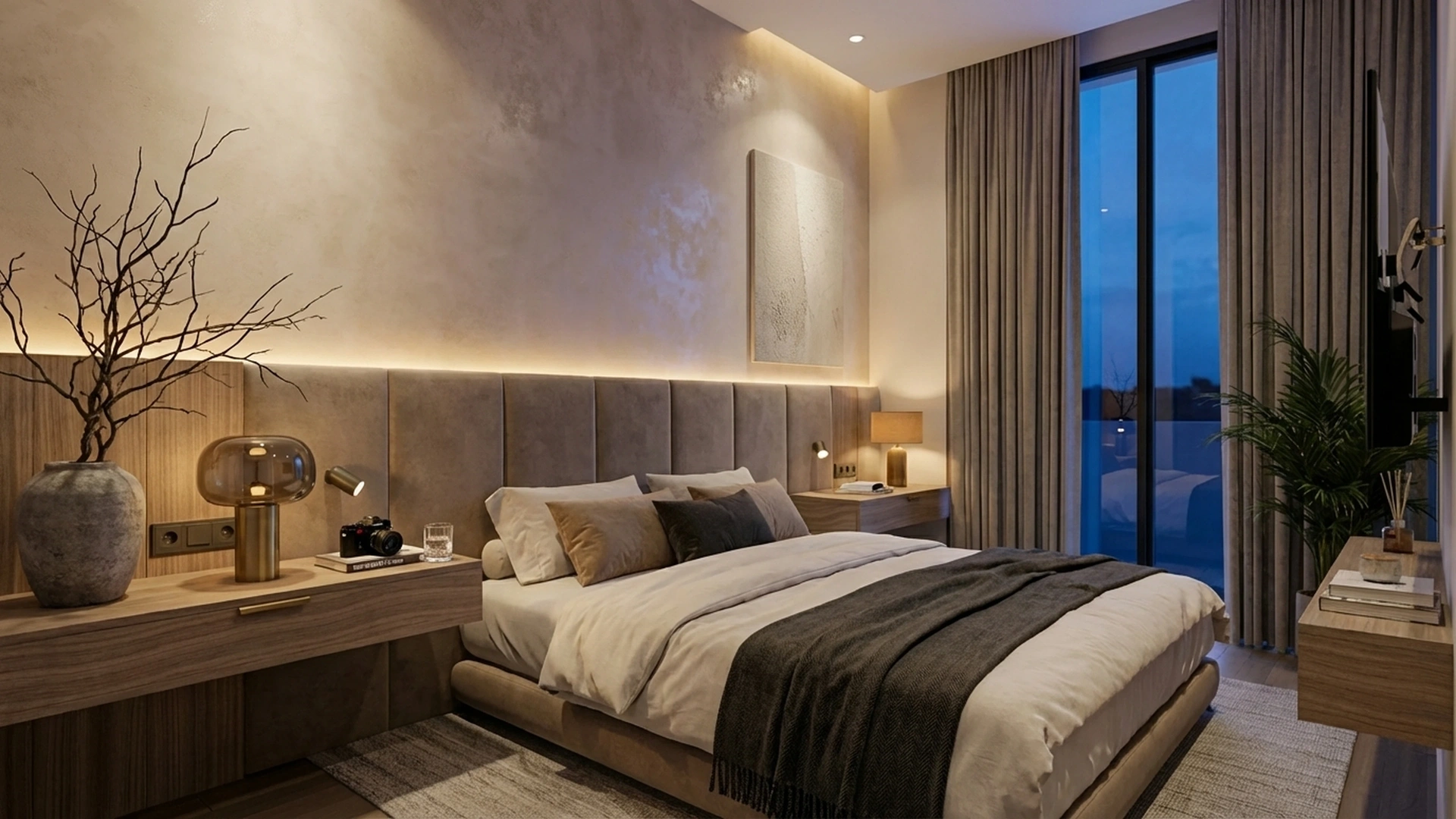 Modern luxury master bedroom design venetian plaster lighting