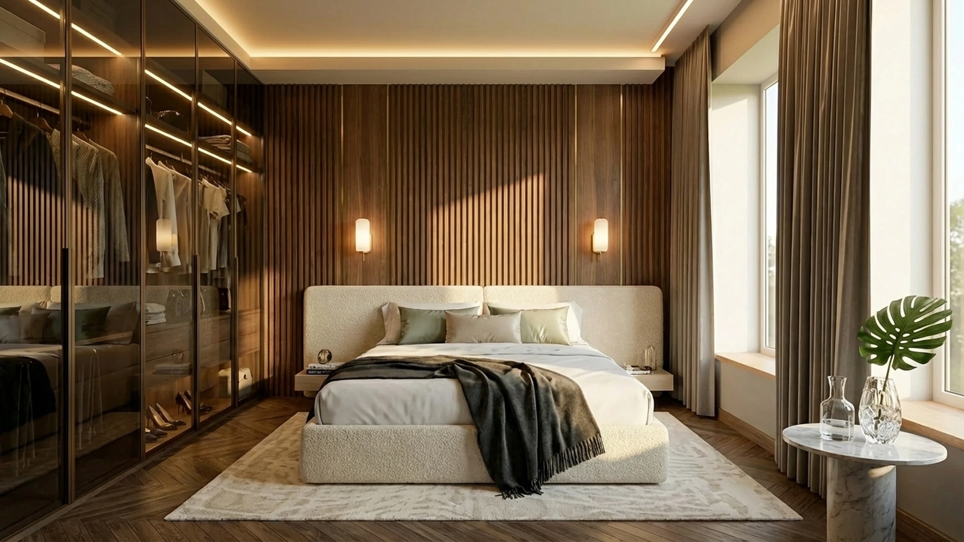 Modern luxury master bedroom walnut paneling interior design