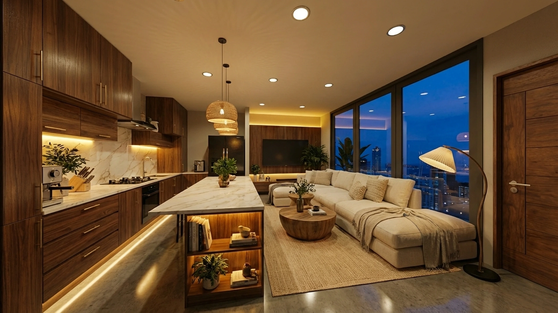 Modern luxury penthouse kitchen living room city view