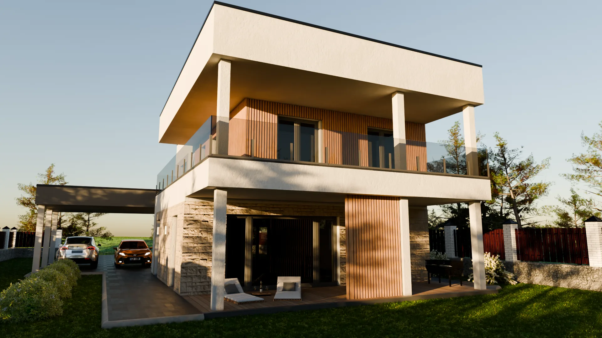 Modern two-storey family house exterior rendering with cantilevered balcony and carport