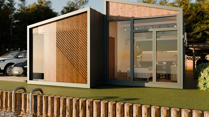 Modulares Doppelhaus mit Holzverkleidung zur goldenen Stunde - Außenvisualisierung